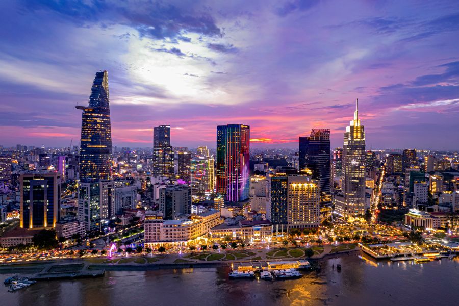 the city skyline of Ho Chi Minh City at night