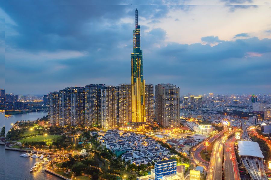 The Ho Chi Minh City skyline at night, center is the Landmark building one of the tallest buildings in Asia.