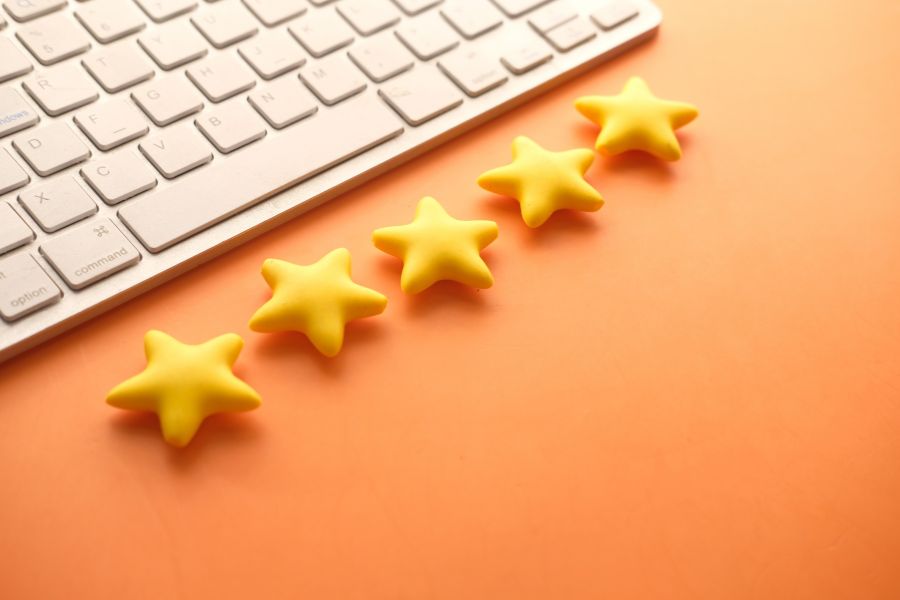 5 presumably biscuit stars lined up in front of a laptop computer.