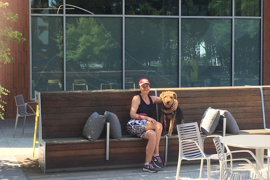 a woman in sporting clothing sits on a bench with a large Airedale dog