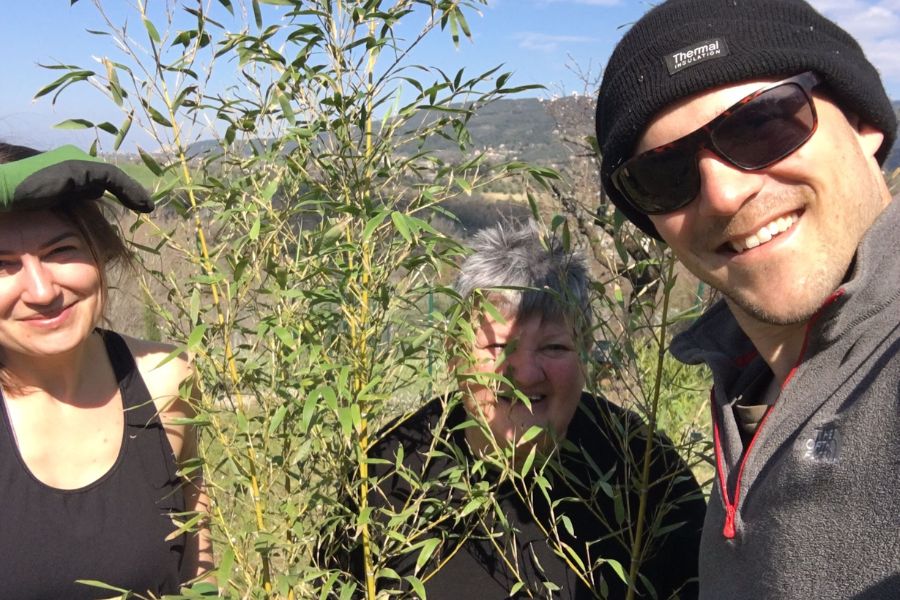 three adults take a selfie whilst working in a garden. The middle adult, an older woman hides behind a tree,