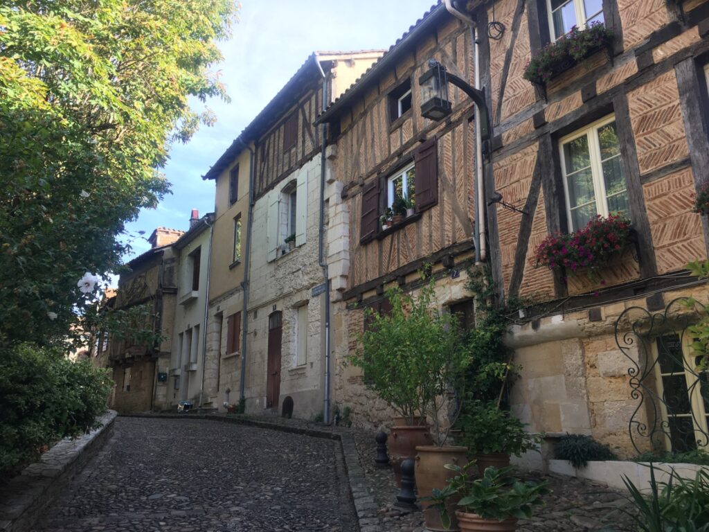 The ancient streets of Bergerac in France. Cobbled pathways and wooden beamed buildings that date back hundreds of years.