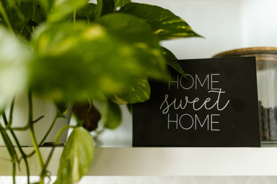 a small desk sign reads home sweet home with a green plant in front of it