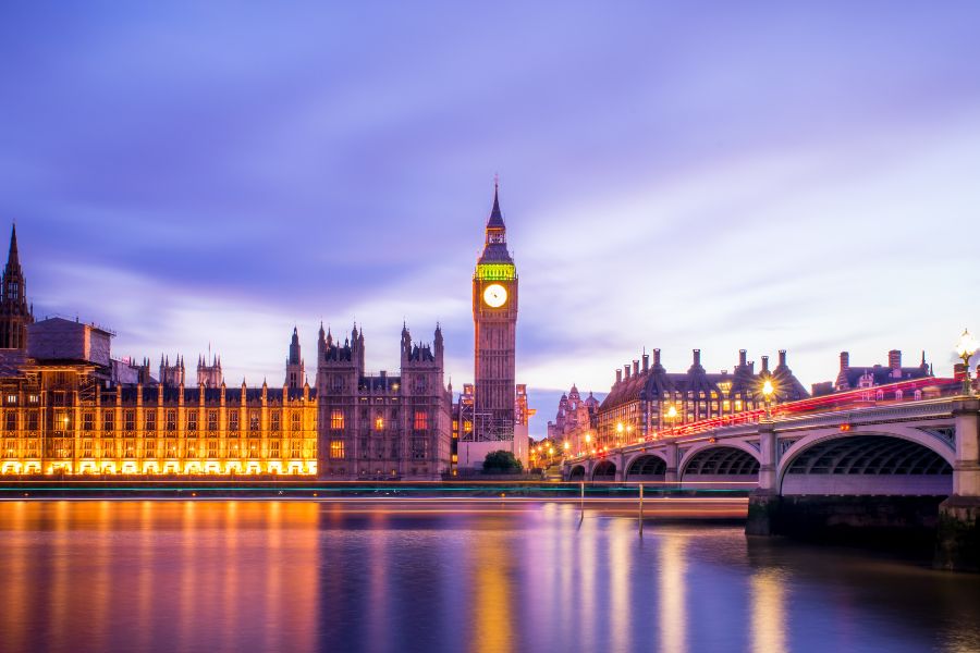 The houses of parliament in London, Big Ben and the River Thames at night