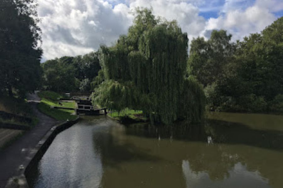 A canal, a weeping willow and a lock.