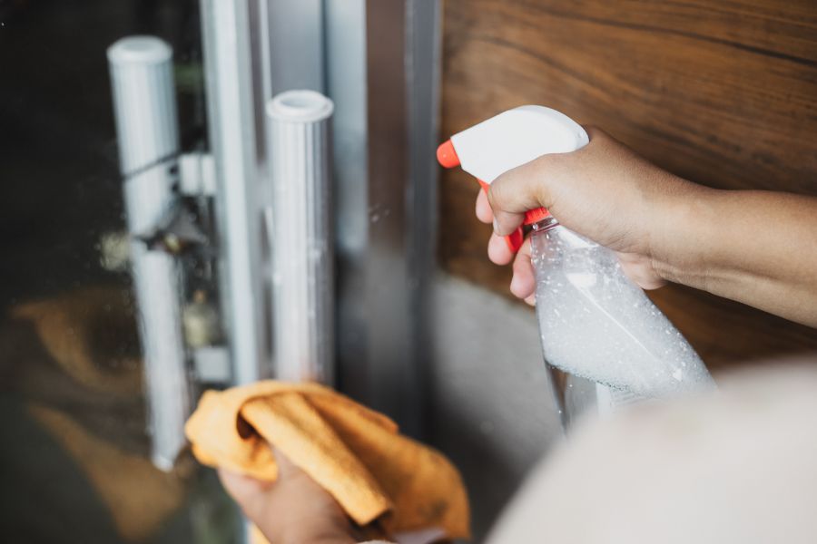 cleaning a table with spray and a cloth