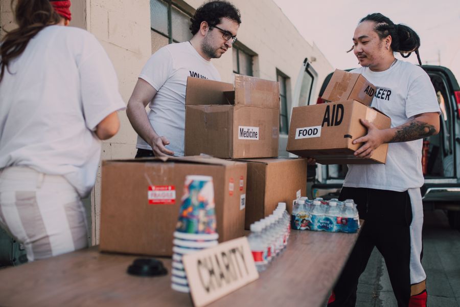 volunteers with boxes