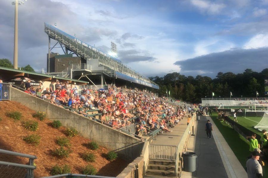 A packed stand of spectators 