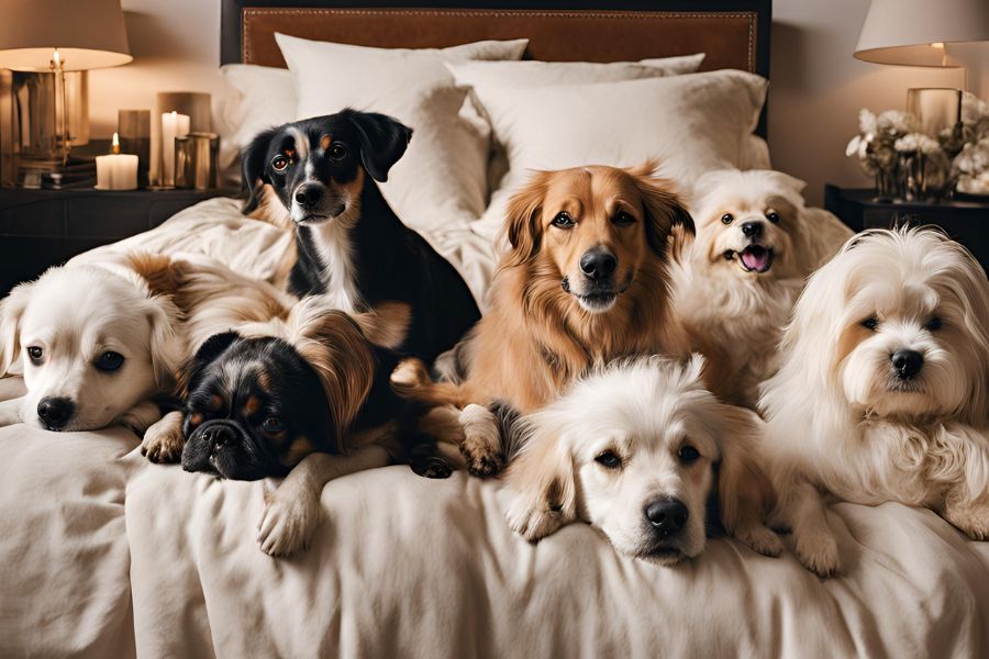 7 dogs on a bed