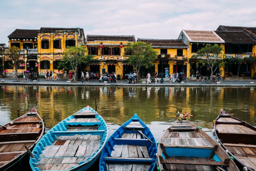 empty boats on a city river  