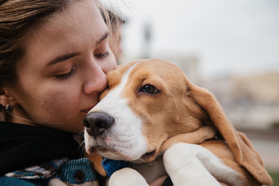 woman hugging a dog