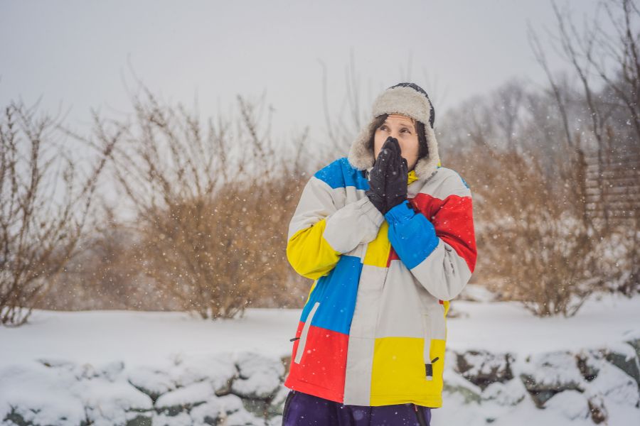 man layered up with clothing in the snow