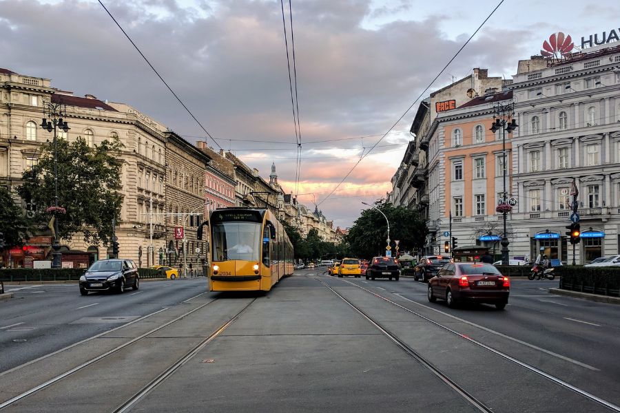 tram and busy street in Budapest